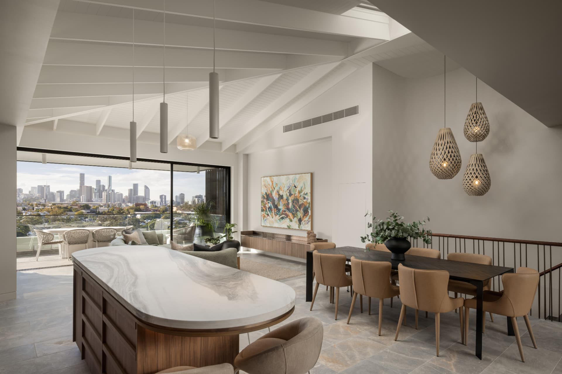 Vaulted open plan kitchen and dining with skyline outlook